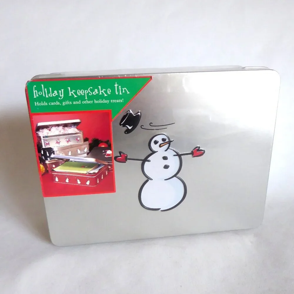 NEW CHRISTMAS SNOWMAN HOLIDAY KEEPSAKE STORAGE TIN BOX CONTAINER STORE